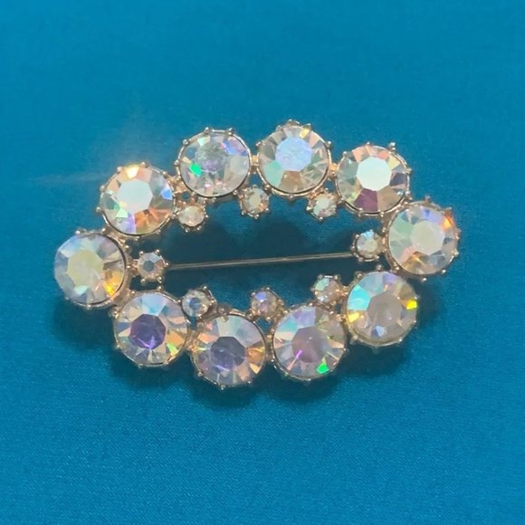American Vintage Jewelry - Aurora Borealis Crystal 1950s to 1960s Oval Brooch 2” Long